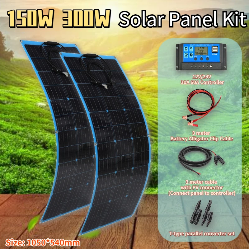 

Flexible Solar Panel Kit Complete 300W 150W 18V Battery Charger System for Home Camper Car Boat RV Travel Camping