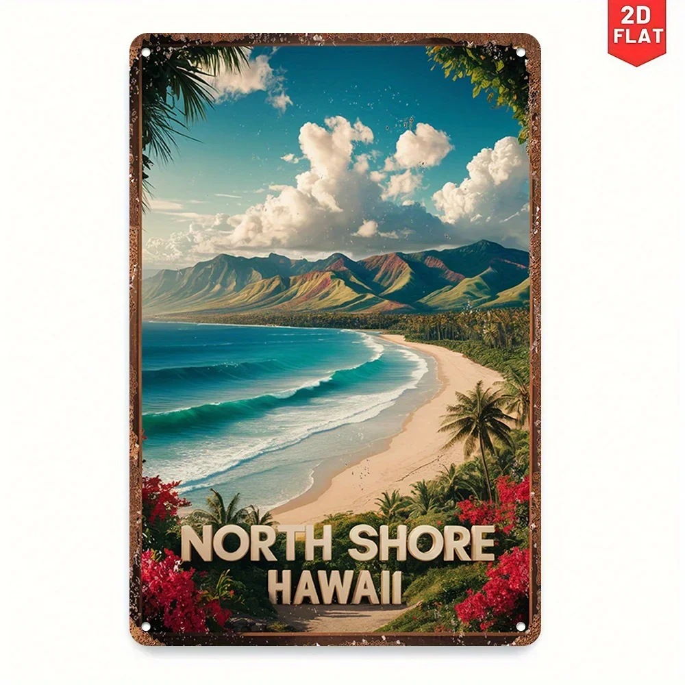 2D Flat, 1pc Vintage North Shore Hawaii Metal Wall Art Sign - Tropical Beach Scene with Palm Trees & Ocean Waves, Durable Ind