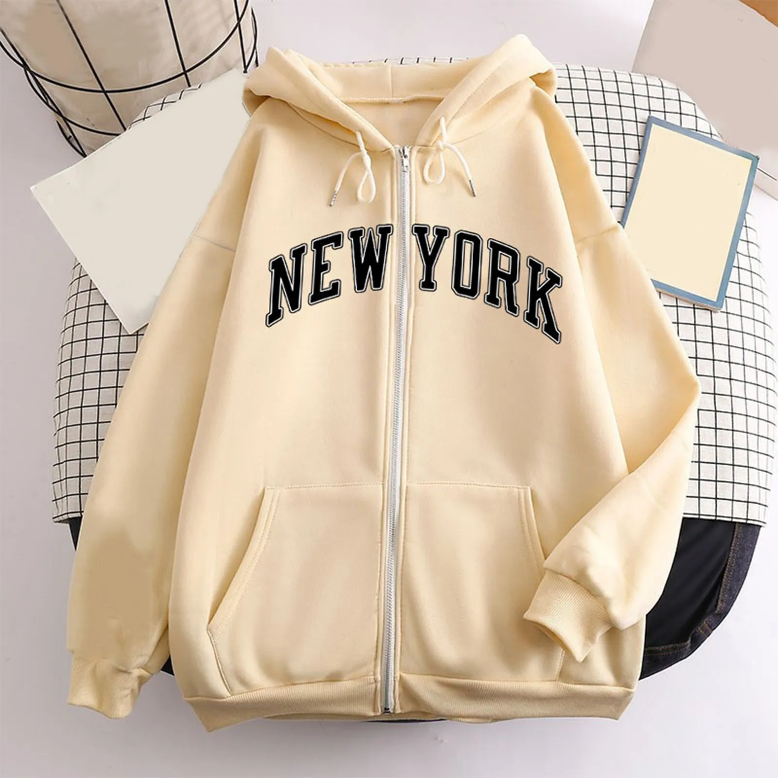 NEW YORK Letter Print Zip up Harajuku Hoodies Jacket Women Casual Oversized Sweatshirt Female Streetwear Pockets Hooded Coats