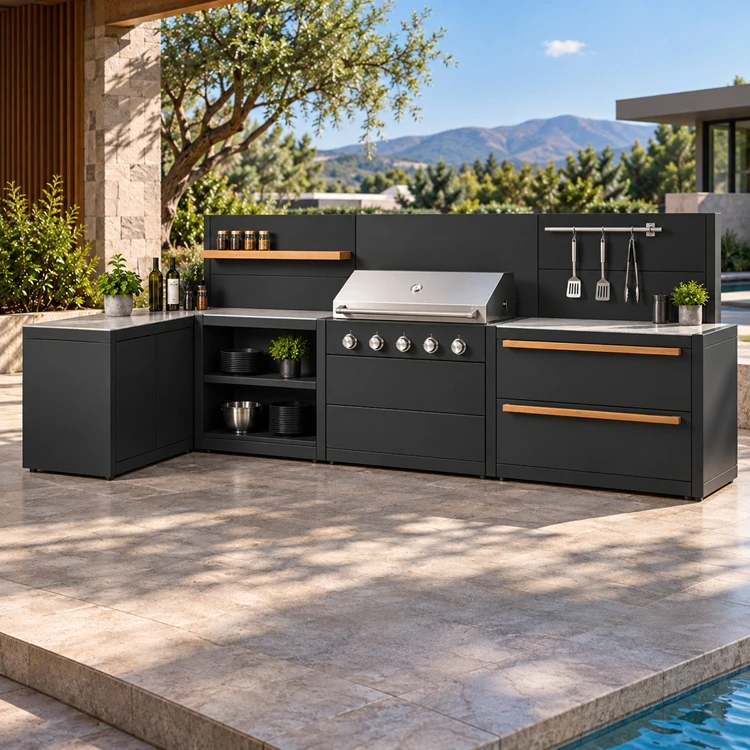 Custom L-Shaped 304 Stainless Steel Outdoor Cooking Kitchen With Gas Barbecue Grill for Camping