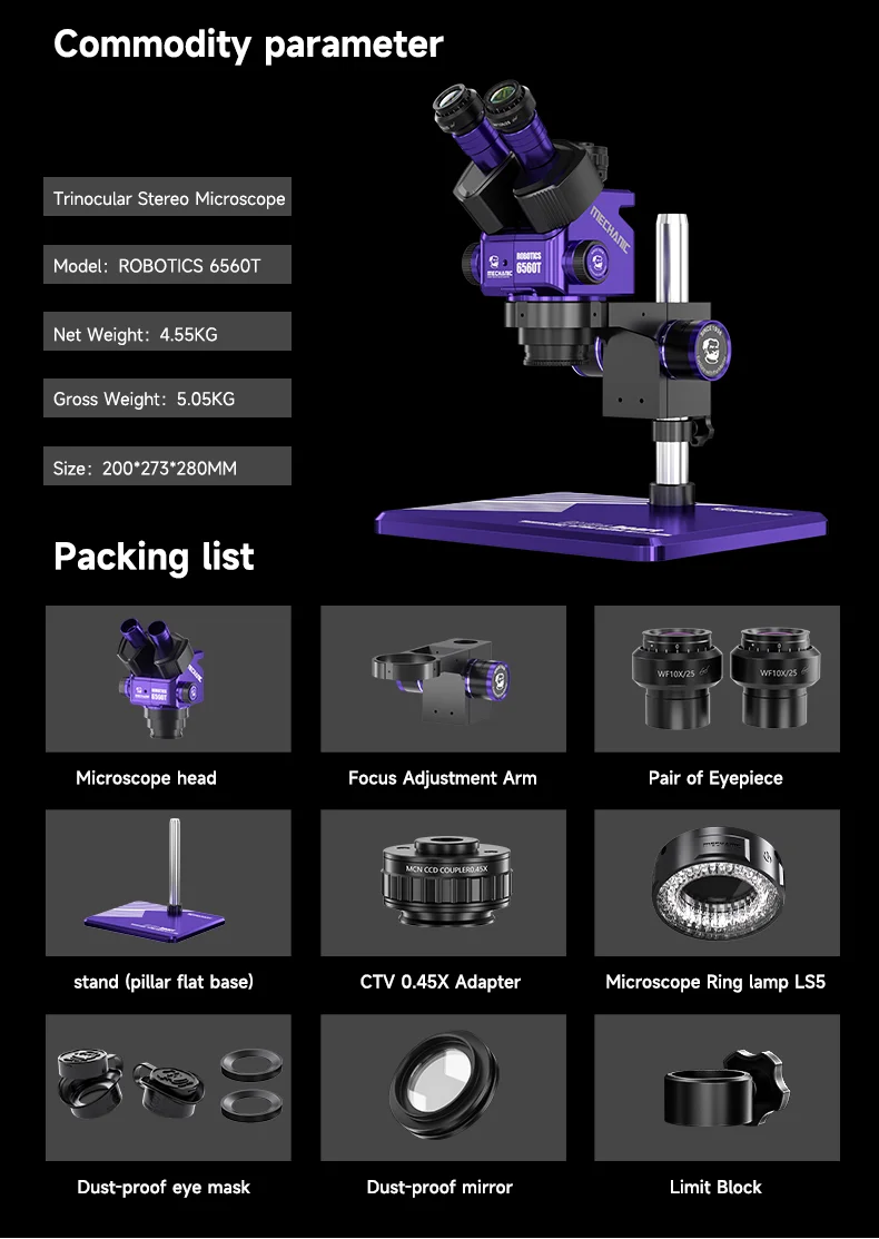 MECHANIC Robotics 6560T Trinocular Stereo Microscope 6.5-60X Magnification Industrial Microscope for CPU Welding Repair Tool