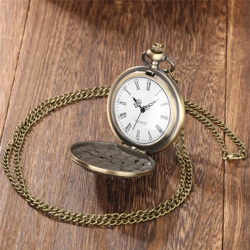 Antique Hollow Out Dragon Cover Roman Number Bronze Quartz Pocket Watch for Men Women Necklace Pendant Chain Gift Reloj