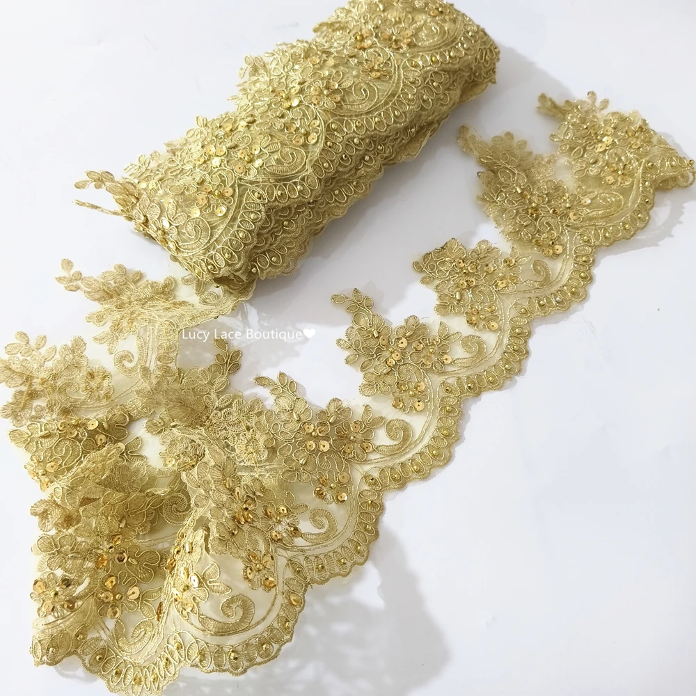 13CM Wide Uniform and Costume Gold Beading Lace Trim Embroidery Beaded Organza Trim Ribbon Lace 5 Yards,1 Yard