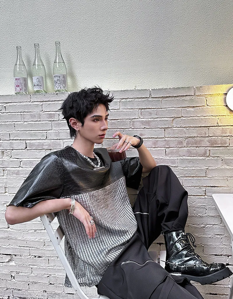 Summer American Retro Silver Croc Spliced Mesh T-shirt Men Hollow See-through Metallic Loose Round Neck Streetwear Black Top