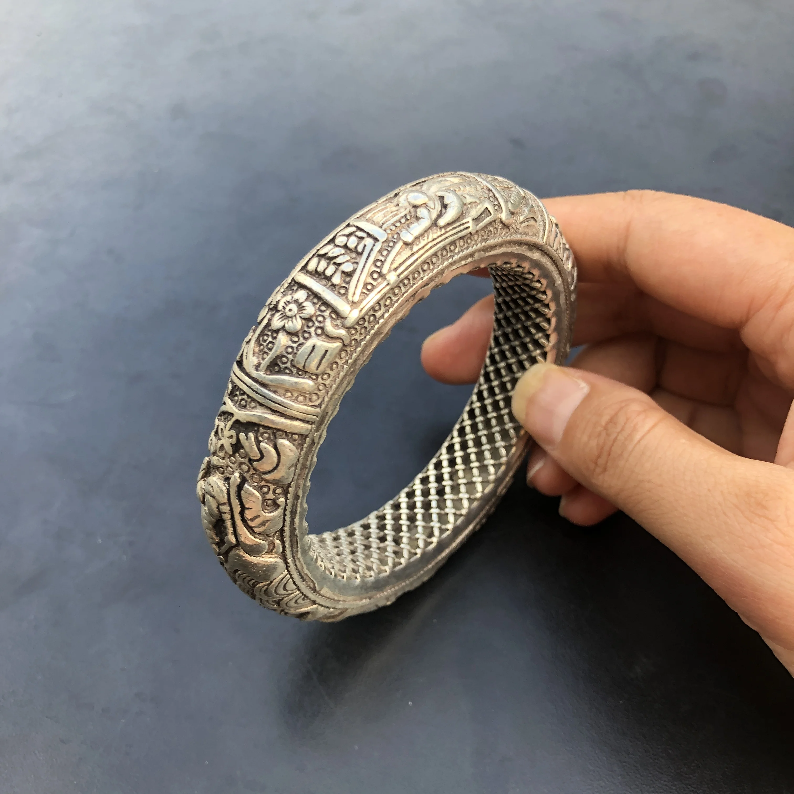 Retro Tibetan Silver Bangle Vintage Relief Human Story Carved Hollow Inner Mesh Bracelet Ethnic Folk Style Jewelry Gift for Wome