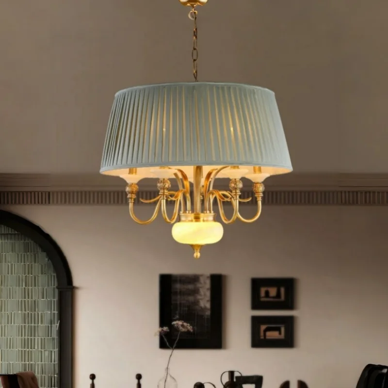Classic Blue Fabric Shade Chandelier, Pure Brass with Real White Jade, LED Hanging Light for Living Room Villa Staircase