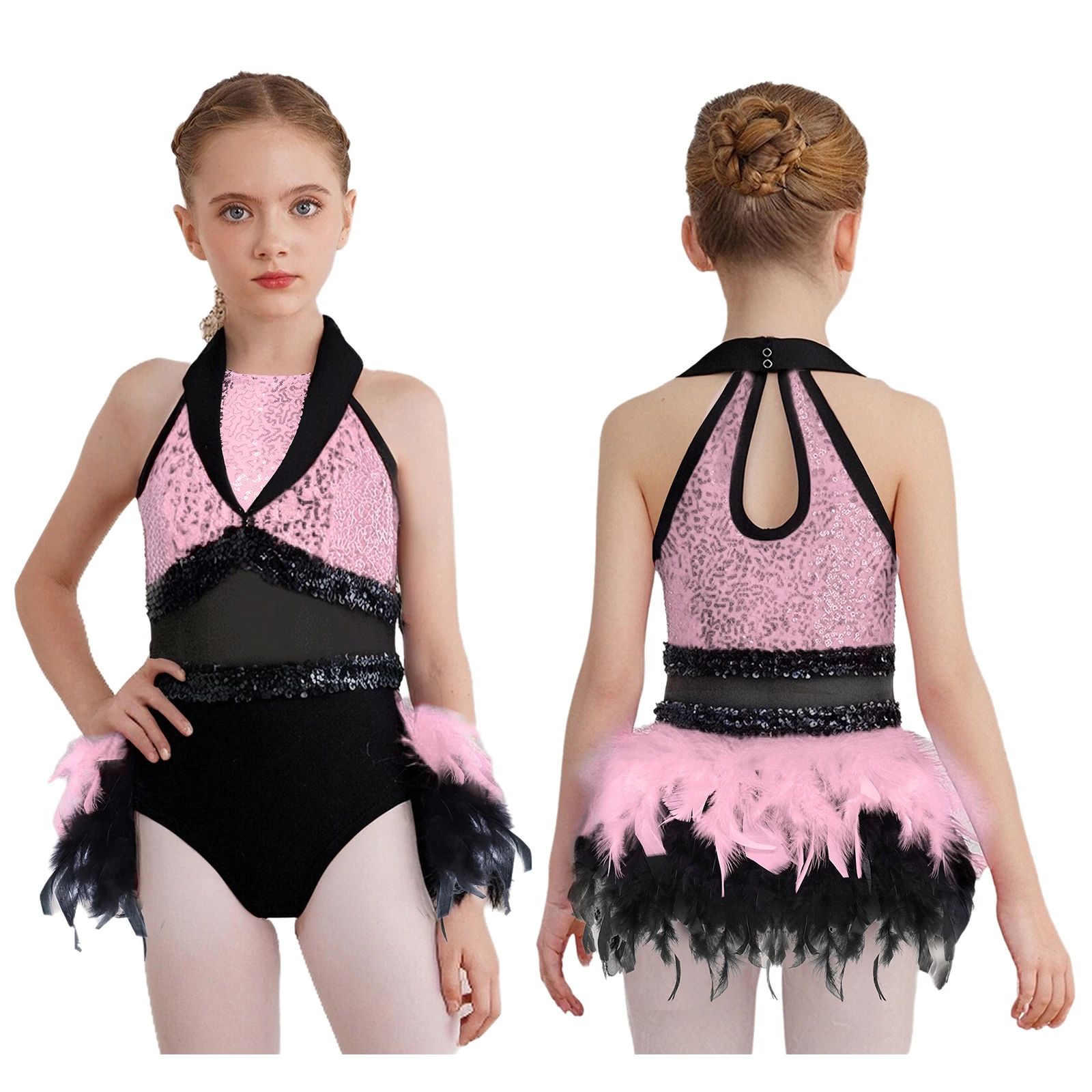 Girls Jazz Dance Feather Skirted Leotard Dress Sparkling Sleeveless Sheer Mesh Bodysuit Latin Ballet Stage Performance Costume