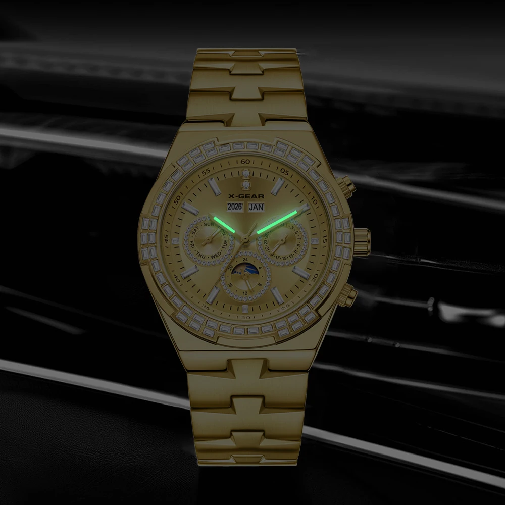 X-GEAR ساعات رجالي العلامة التجارية الفاخرة ساعات المعصم للرجال الذهب الكبير الذهبي الذكور كرونوغراف ساعة اليد رجل