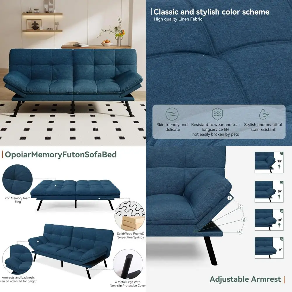 

Memory Foam Futon Sofa Bed with Detachable Cushion, Adjustable Backrest and Armrest, Modern Linen Style