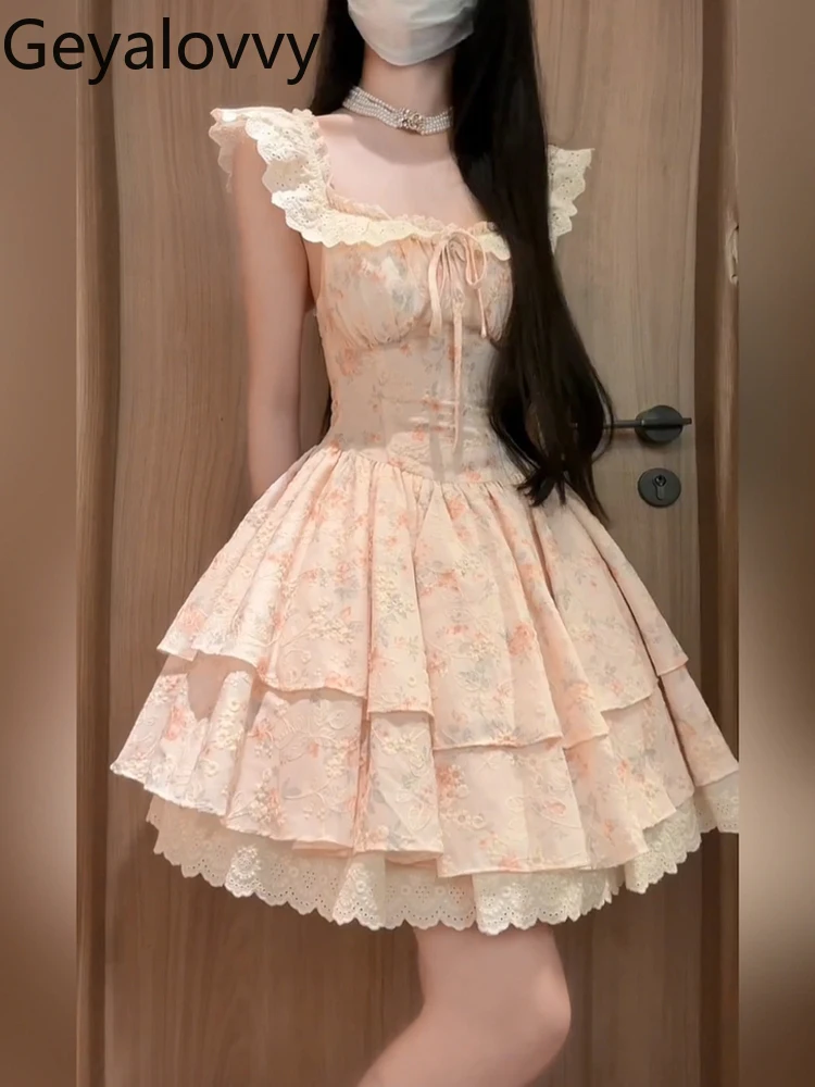 فستان فرنسي جميل لطيف للفتيات بأكمام طائرة مزين بالزهور فستان صيفي جديد للعطلات عالي الخصر للتخسيس فساتين الأميرة توتو للنساء
