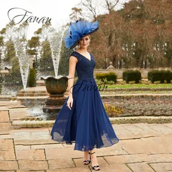 Navy Blue Chiffon Mother Of The Bride Dresses A-Line Tea-Length Appliques Lace Wedding Guest Gown For  vestidos de noche