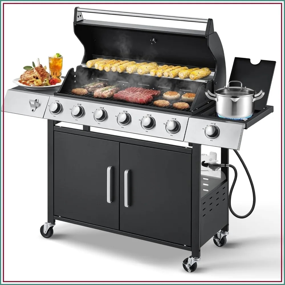 6 Burner Propane Gas Grill, 60,000 BTU Stainless Steel BBQ with Side Stove for Patio Outdoor Cooking