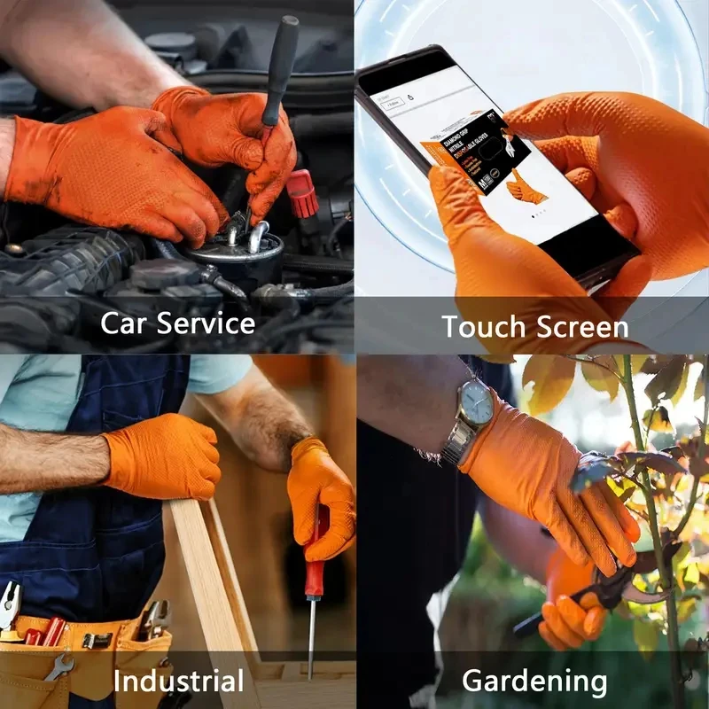 Disposable Gloves Heavy Duty Orange Nitrile Gloves 8Mil Industrial With Diamond Textured Grip For Mechanic Safety & Work Gloves