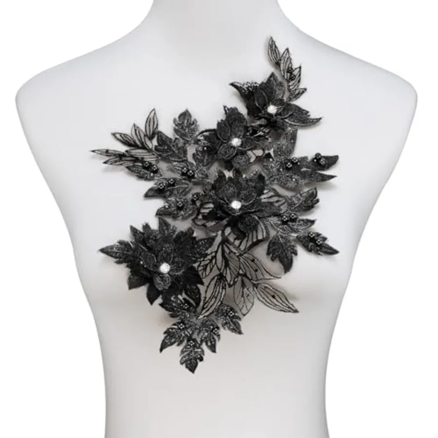 

3D Embroidered Flower Fabric Beaded Rhinestones Pearl Lace Applique, DIY Patches Accessory for Wedding Dresses Neckline Bodice