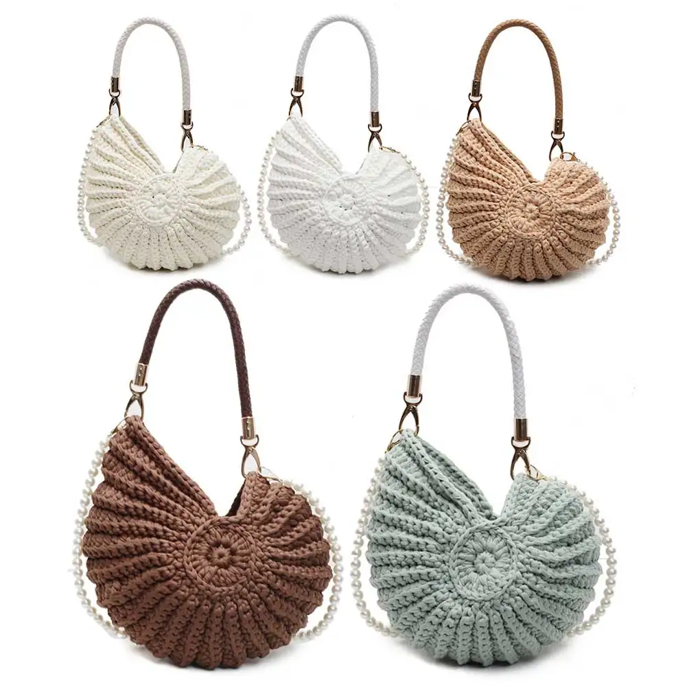 

Conch Shape Shoulder Bag Handwoven Pearls Chain Crossbody Bags Solid Color Seashell Crochet Handbags Vacation Travel Boho Clutch