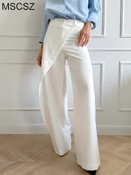 MSCSZ Elegant Woman Dress Pants White High Waist Wide Leg Pants Stylish Wrap Up Draped Pants Fashion Office Trousers