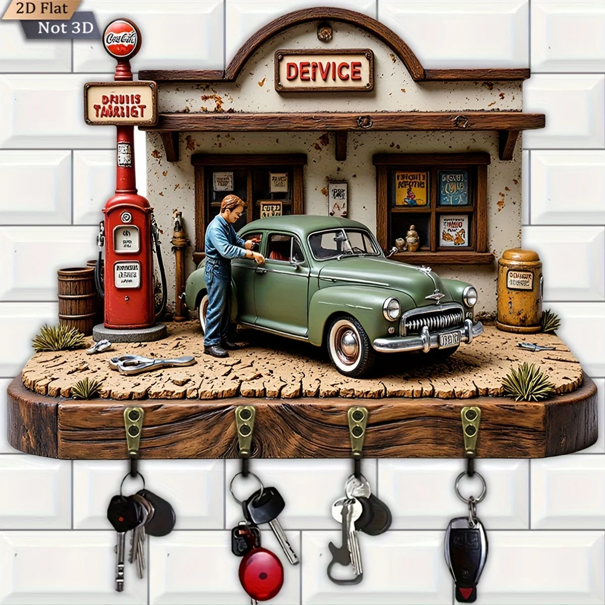 2D Flat Vintage American Gas Station Car Theme Wall Clock, 1pc, Wooden Multi-Functional Home Key Holder with Four Metal Hooks,