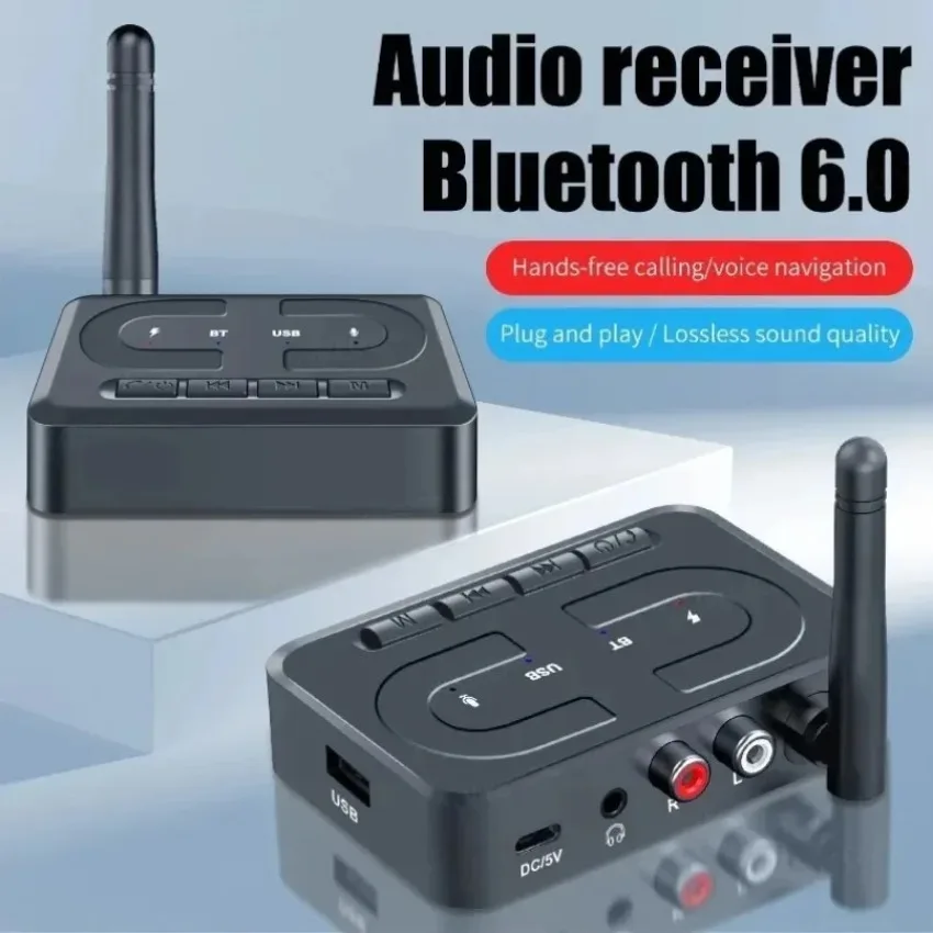 Bluetooth 6.0 Audio Receiver Transmitter AUX Wireless Adapter USB Playback Built-in Mic For Car Home Stereo Lossless Sound