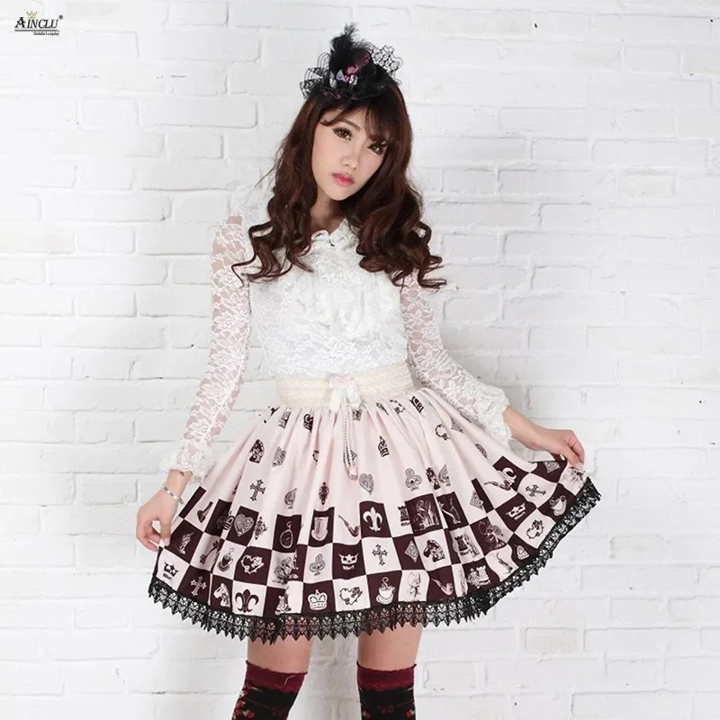 

Ainclu Brown Lolita Vintage Dresses Polyester Lace Crown Printed Sweet Puff Skirts Cospaly XS-XXL