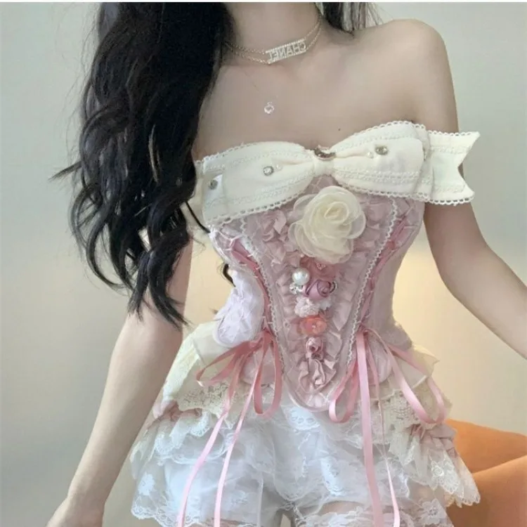 Harajuku Strapless Bow Slim Fit Bandage Tops Women+ Y2k E-Girl High Waist Lace Patchwork Shorts Summer Sweet Two Piece Sets