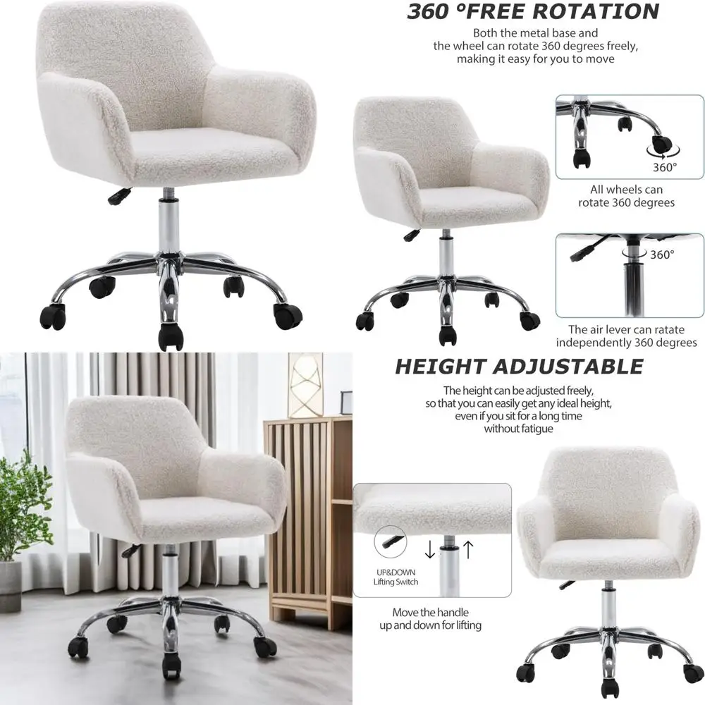 

Luxurious Faux Fur Swivel Armchair with Wheels, Comfortable Fluffy Vanity Makeup Desk Chair, Upholstered Height Adjustable Moder