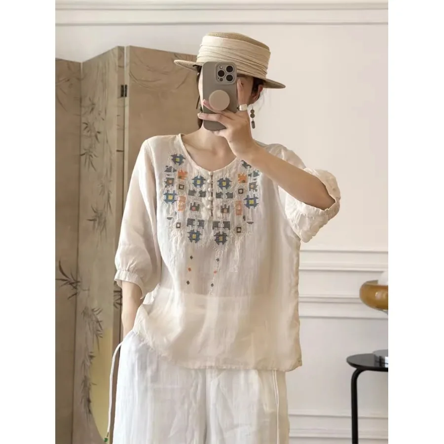 Retro Dames Katoen Linnen Geborduurd V-Ne f Sve irt Zomer Losse Plus Size Afslanken Dunne Sle Pendelen Faion