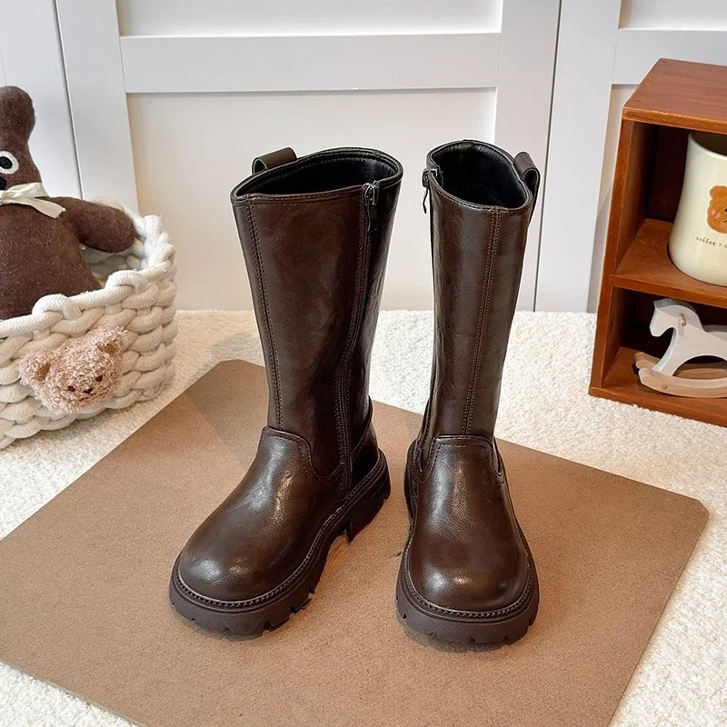 

Детские простые плюшевые сапоги в стиле ретро, зимние модные нескользящие кожаные ботинки на платформе для девочек, повседневные детские высокие сапоги принцессы на молнии