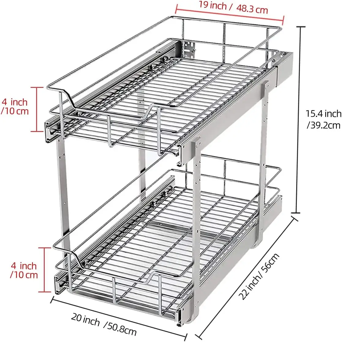 2 Tier Wire Basket Pull Out Shelf Drawer Storage Organizer for Kitchen Base Cabinets Chrome-Plating,20 x 22 x 15.4 Inch, 2 Tier