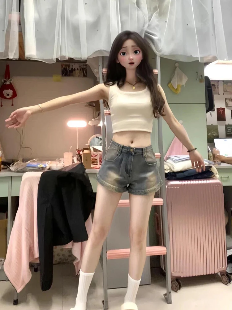 レトロアメリカンホットガールデニムオーツ女性用サマーシンハイウエストスリム万能ラップアラウンドワイドレッグホットパンツ