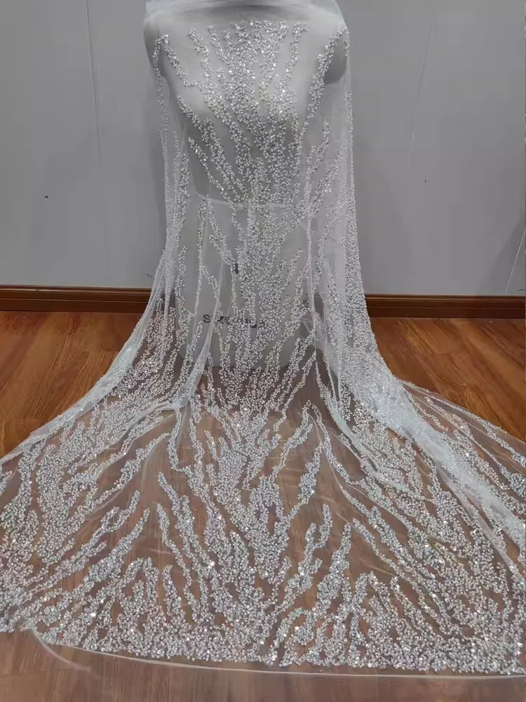 

1yard Luxury African Sequins Beaded Lace Fabrics Groom Nigerian Wedding Bridal Embroidery French Tulle fabric for Sewing