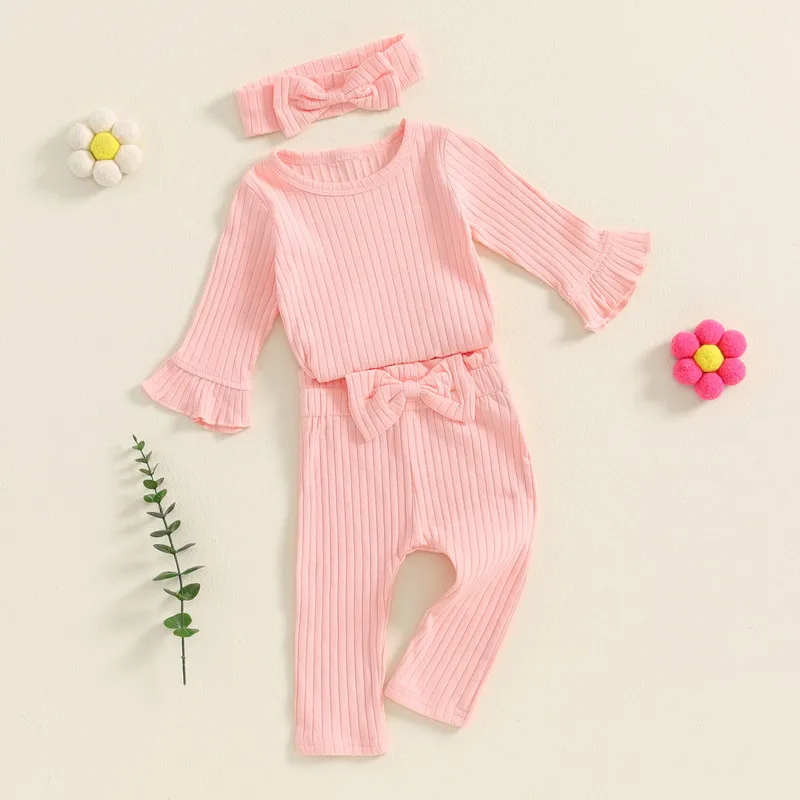 RUEWEY 0 to 3 Years Little Girls 3PCS Pants Sets Spring Autumn Clothes Long Sleeve Round Neck Solid Color Tops Flared Pants