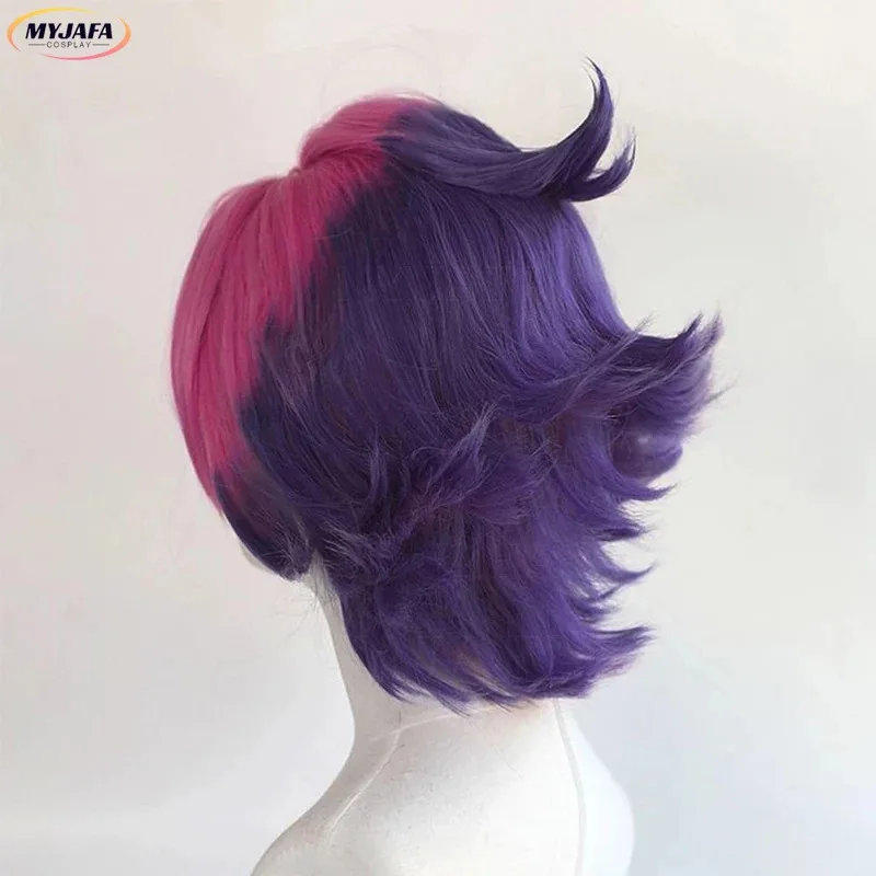 Cyshieda Kayn Peruca Cosplay LOL Heartsteel Shieda Kayn 30 cm Vermelho Misto Roxo Resistente ao Calor Cabelo Sintético Jogo Anime Perucas + Peruca C