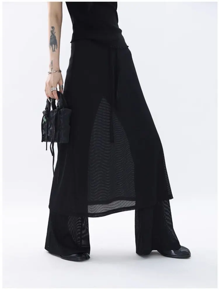 Spice Girl Slim Fit Stacking Fake Two Pieces, Black Thin Mopping Floor Micro-perspective Trousers Women