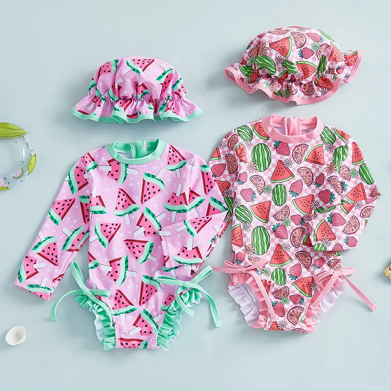 

SUNSIOM Купальник для маленьких девочек Рашгард с длинными рукавами и фруктовым принтом Купальный костюм для младенцев с шляпой от солнца