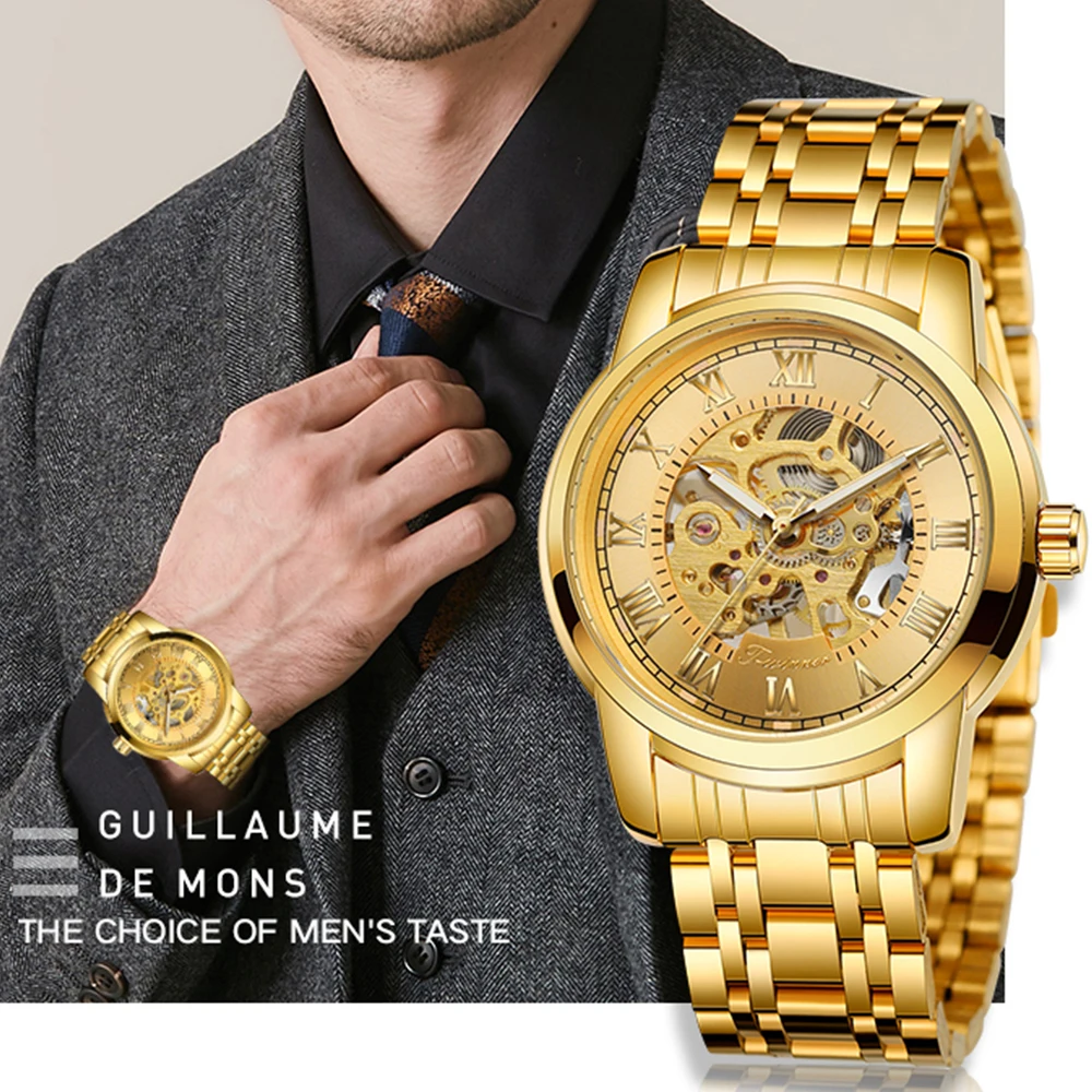 T-WINNER Fashion Casual Men's Luxury Watches Skeleton Automatic Mechanical Luminous Pointers Stainless Steel Sport Wristwatches