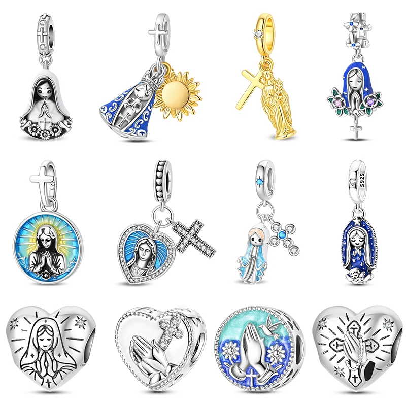 S925 Sterling Silver Charms Bead CZ Zircon Holy Mother Prayer Cross Dangle Fit Original Bracelet DIY Women Fine Jewelry Gifts