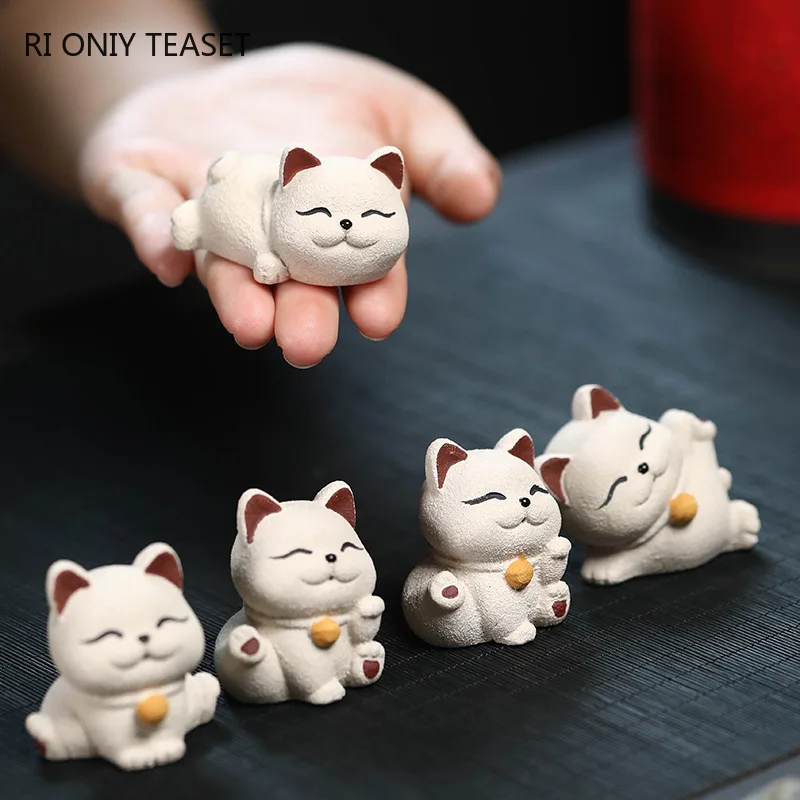 Chinese Yixing Purple Clay Tea Pet Ornaments Handmade Lucky Cat Sculpture Animal Decor Tea Figurine Crafts Tea Set Decoration