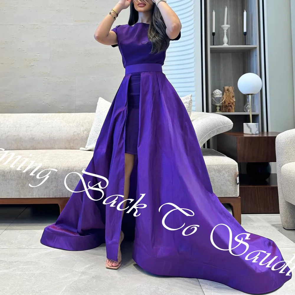 Customized Exquisite Sashes Draped High Neckline Floor Length A-Line Evening Dress Jersey Short Sleeves Sweep Train Vestido De F