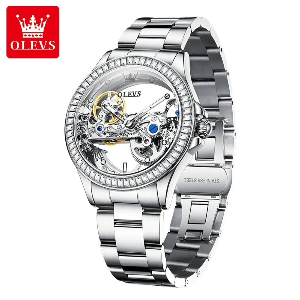 New OLEVS Fashion Skeleton automatic Mechanical Watch for Women Leather Strap Waterproof Transparent diamonds Lady Watches