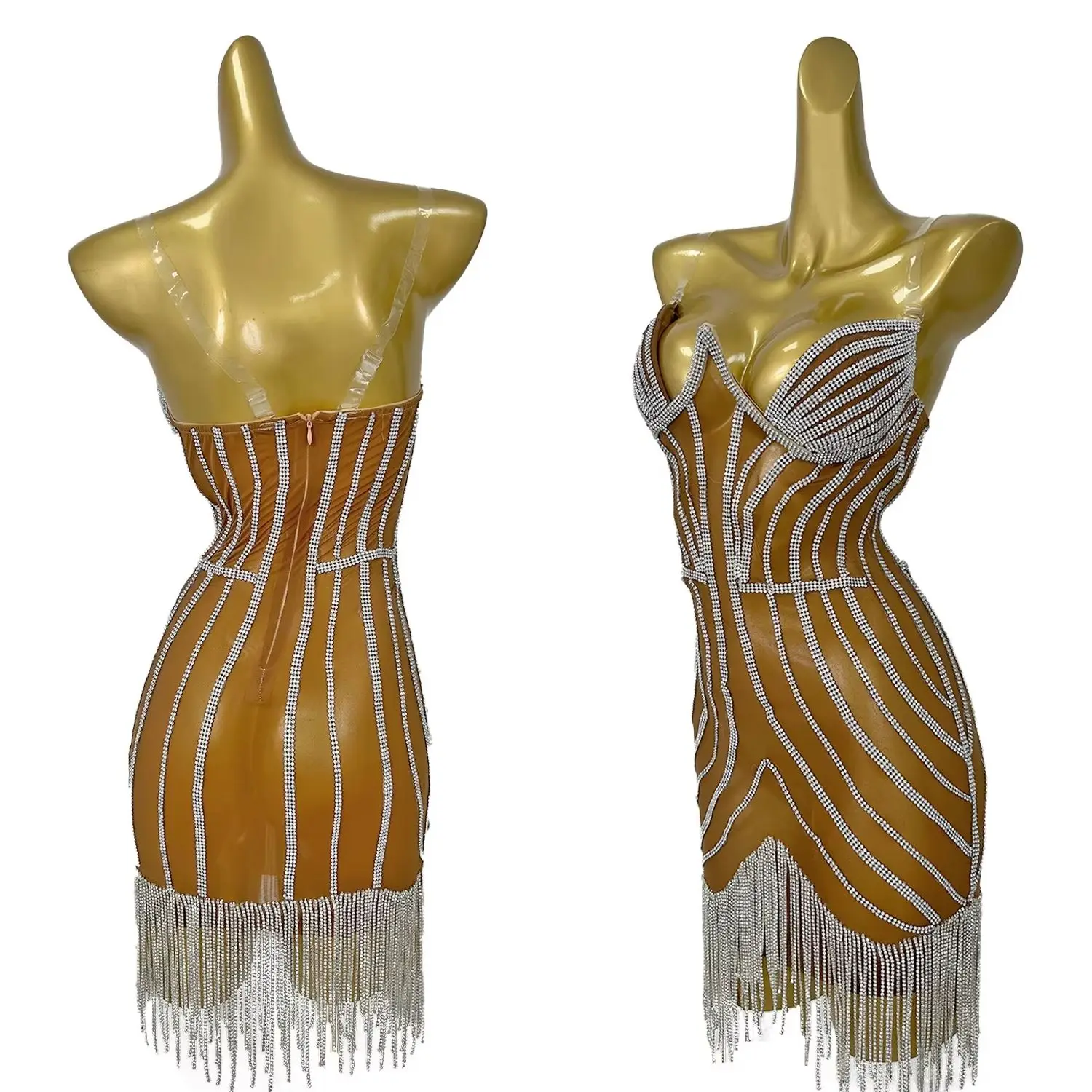 Strapless Mini Dress Low Collar Tassel Crystals Stage Wear Club Show Sexy Tight Fitting Dress Party Evening Dress Bingdiantiao