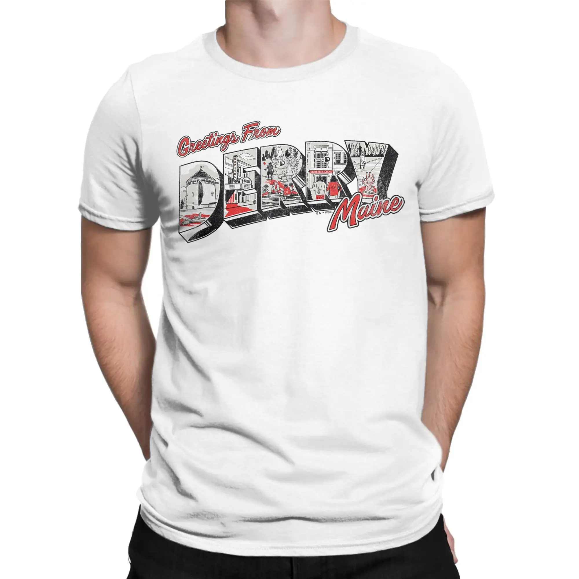 Its Derrys Welcome Greetings Men T Shirts Horror TV Novelty Tee Shirt Short Sleeve Crew Neck T-Shirts Cotton Graphic Printed Top