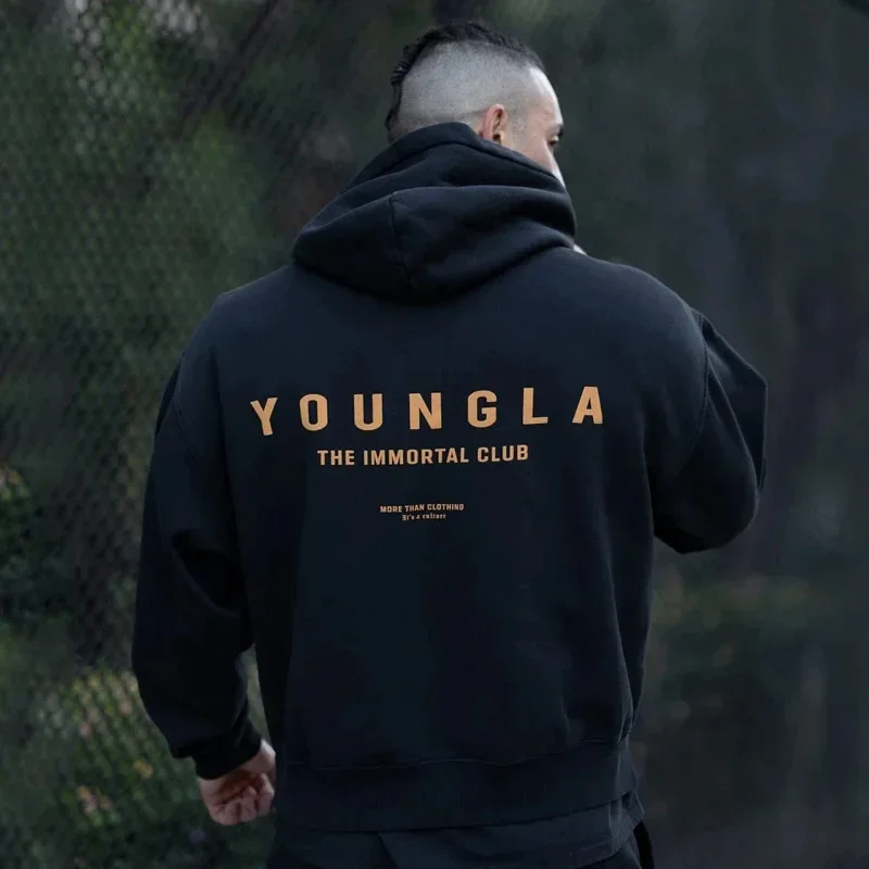 YOUNGLA American men\'s oversized hoodie double-layer composite fabric printed coat sports fitness sweatshirt