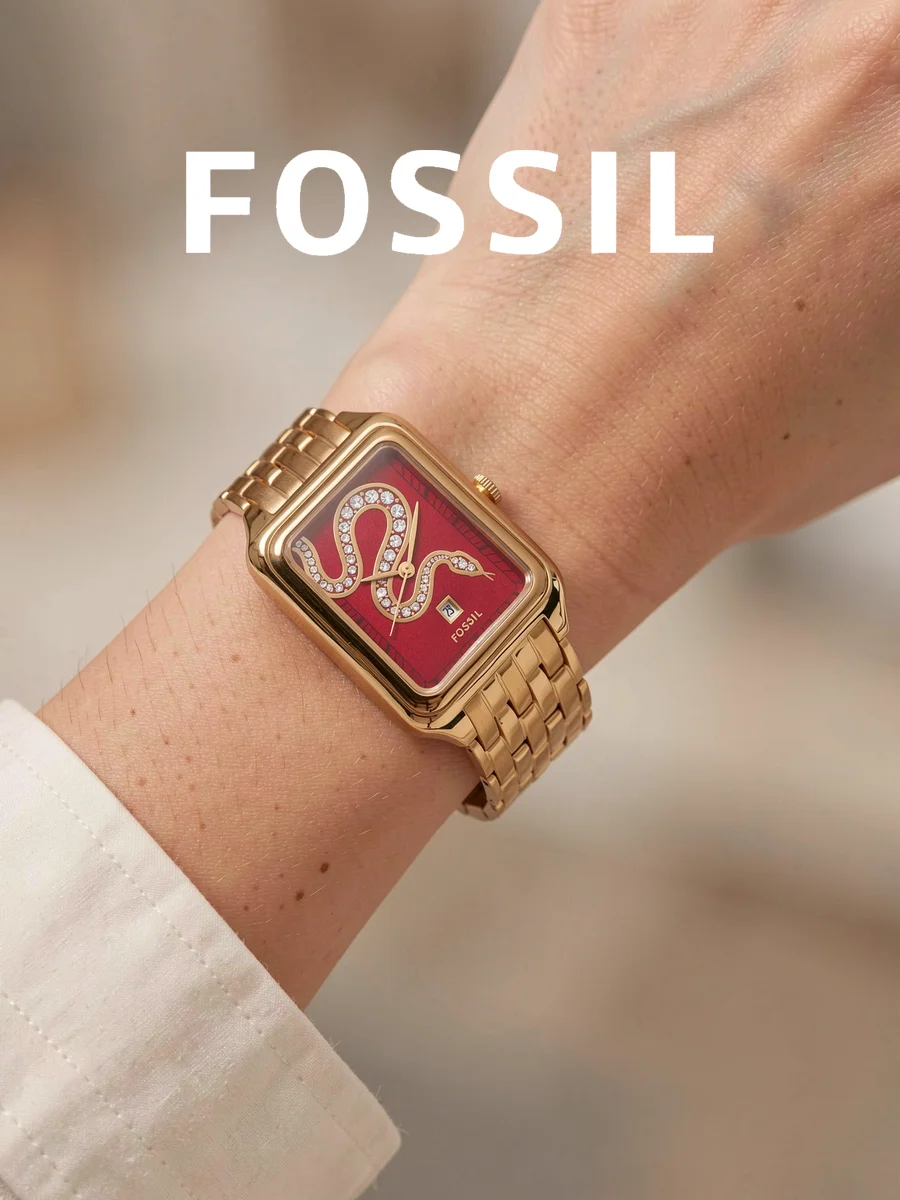 Fossil Women’s Raquel Analog Watch, Gold Tone Stainless Steel Bracelet Red Rectangular Dial ES5379