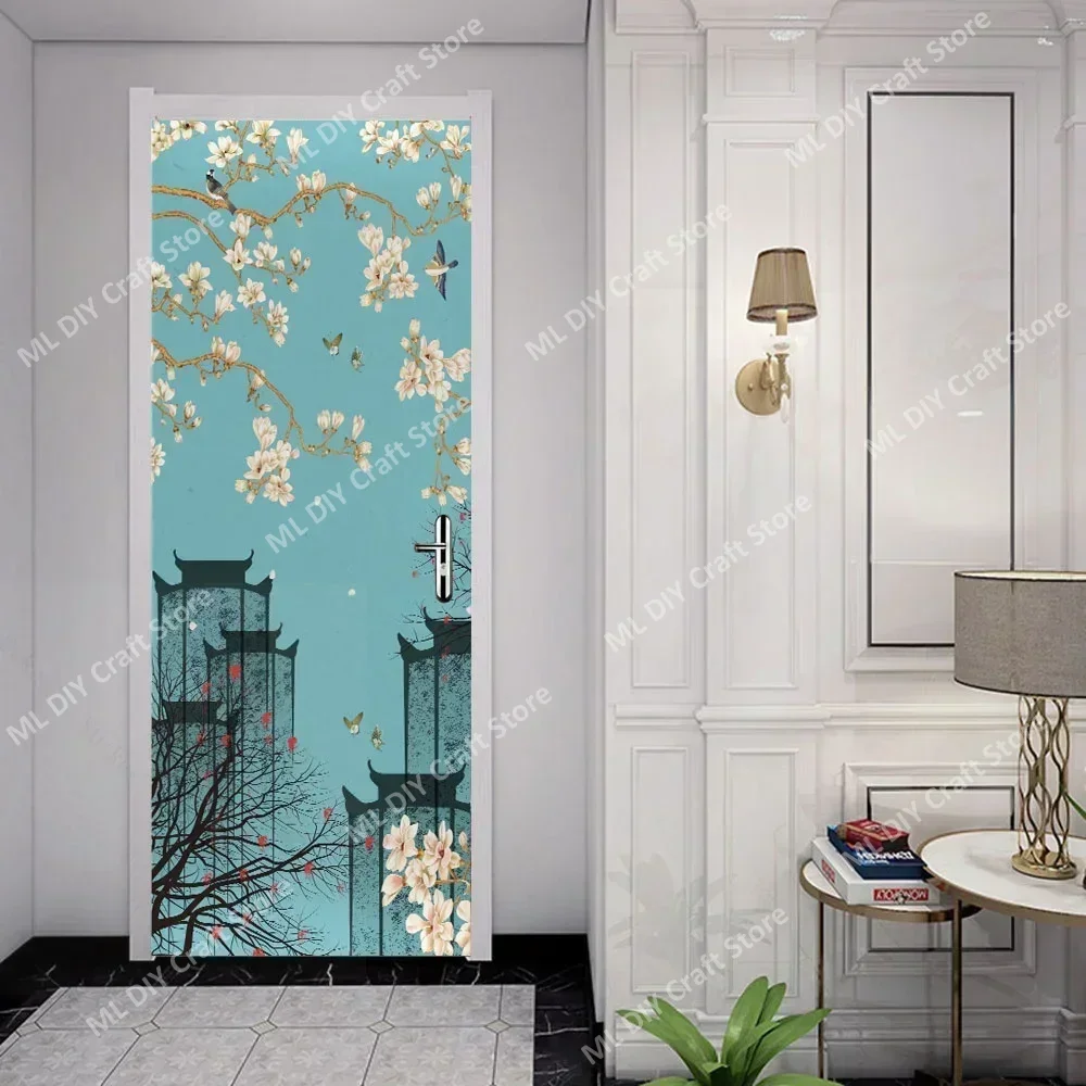 Chinese Landscape Painting Door Stickers Wallpaper Ink  Art Doors Murals Removable Mountain Stream Mural Decor Door Sticker