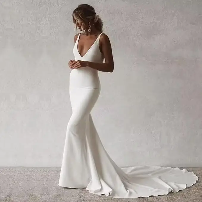 Elegante Spitze-Strandhochzeitskleider für die Braut 2025, mit Ärmeln, Hochzeit, Brautkleider, Applikationen, Tüll, Satin, Übergröße