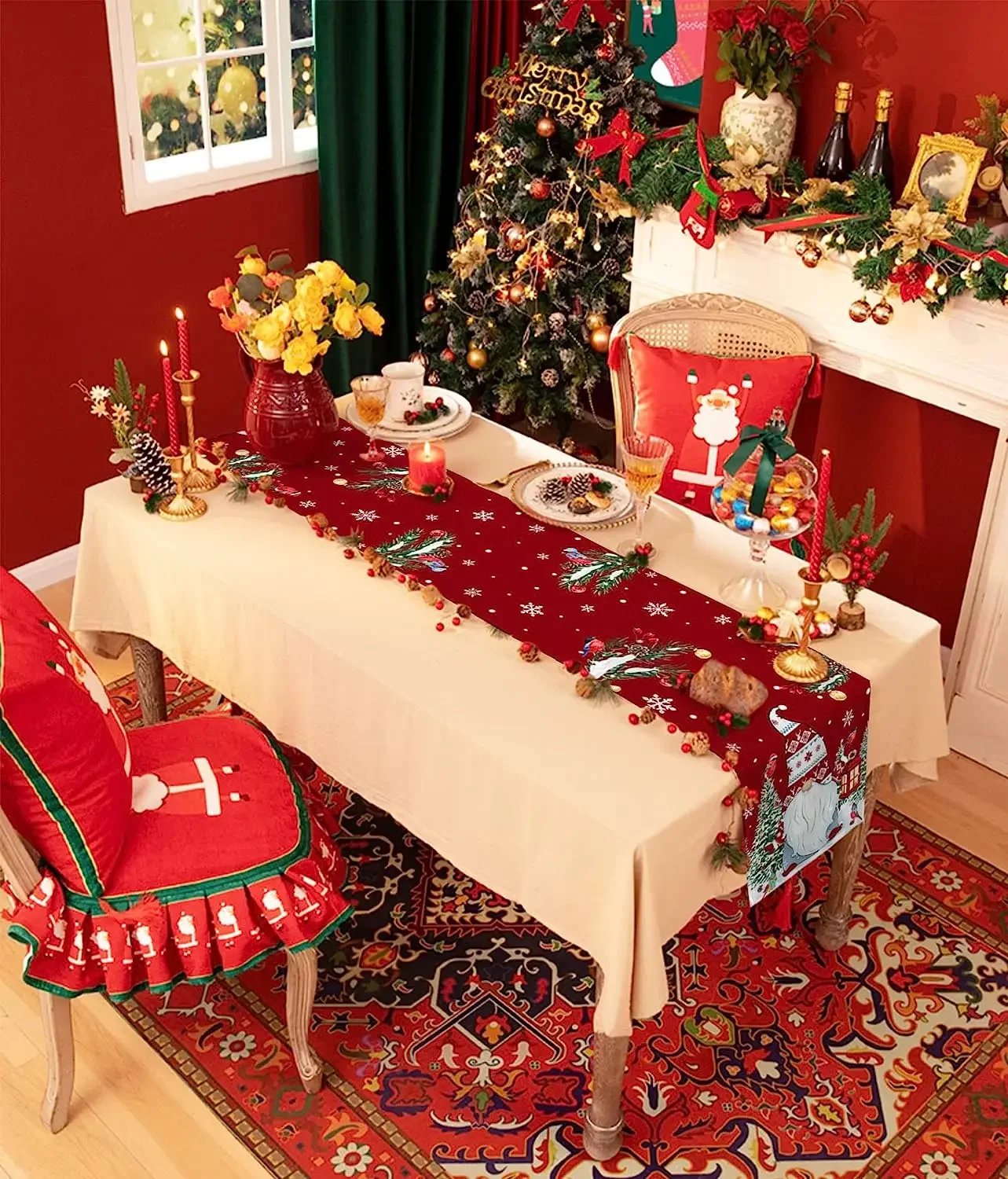 Christmas Gnomes Xmas Trees Linen Table Runners Party Decor Reusable Winter Table Runners for Dining Table Navidad Decorations