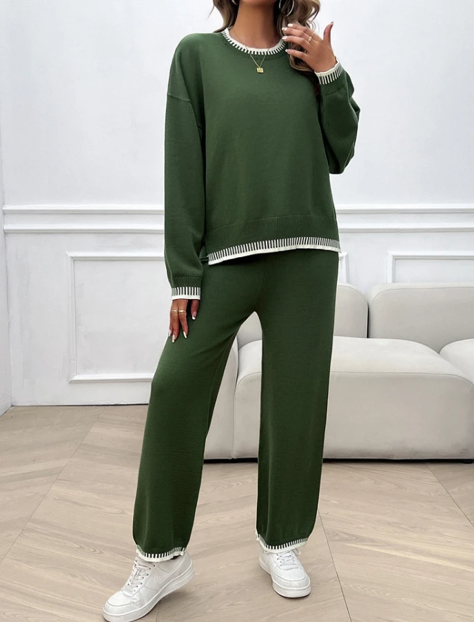 Korean Dongdaemun Women's Winter Sweater Set Casual Edge Collision Solid Color O-Neck Long Sleeved Loose Sweater Long Pants Set