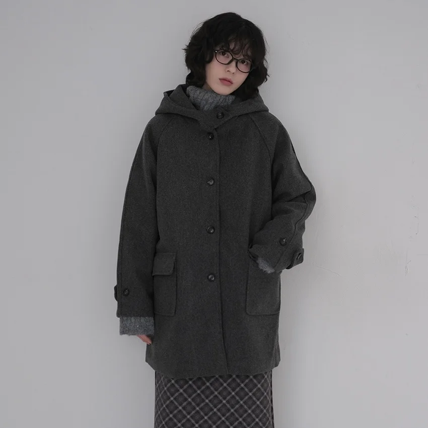

Korean Retro College Sle Hooded Cotton Lined Midi Coat Women Winter Woolen Coat Thiened Long Sve Commute Friendly