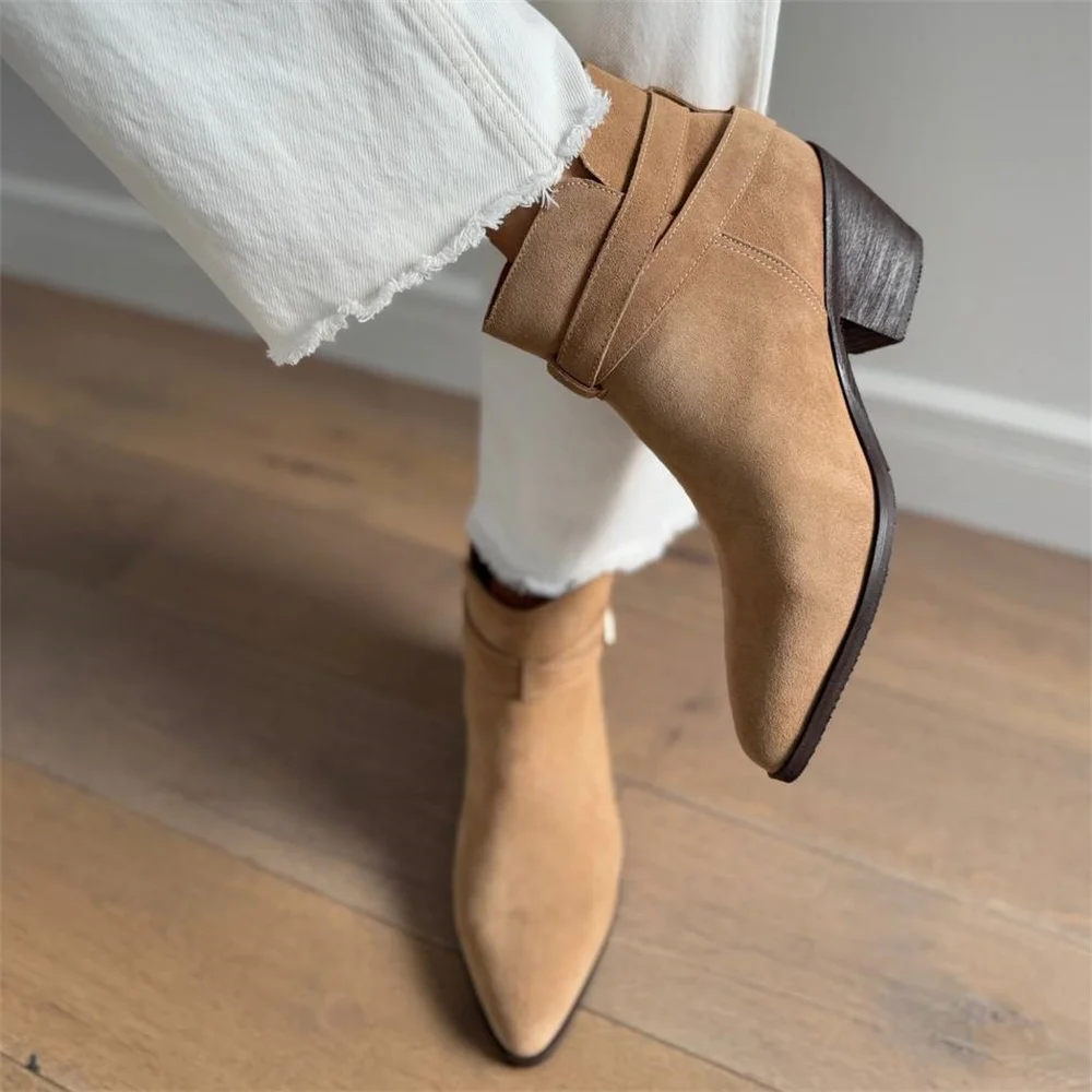 FEDONAS Women's Suede Western Ankle Boots with High Heels