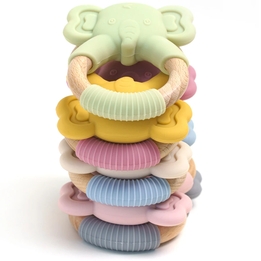 1PC Baby Silicone Teether Toy BPA Free Infant Wooden Ring Health Care Teething Chewing Toys Newborn Gifts For Baby Accessories